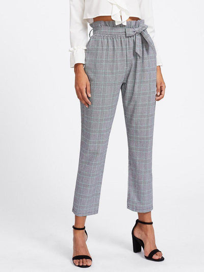 Tie Waist Glen Plaid Frill Pants-bottom-Des Mess