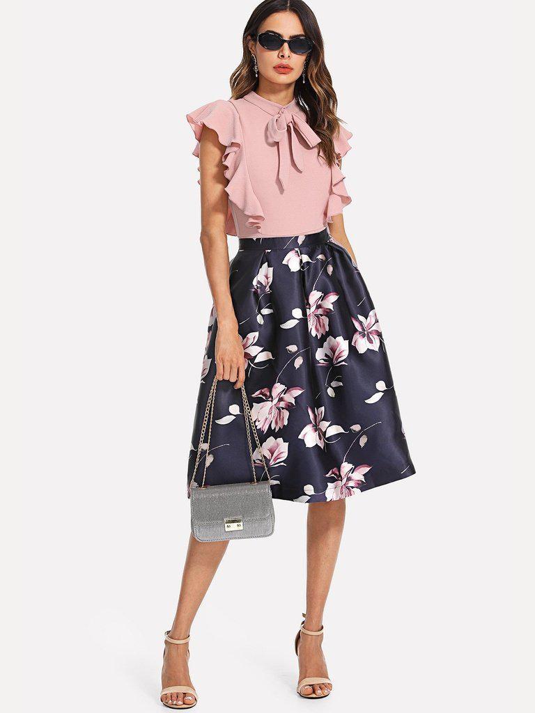 Flower Print Volume Skirt-bottom-Des Mess