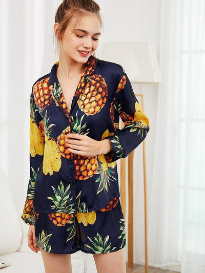 Pineapple Print Tipping Shirt & Shorts Pajama Set-loungewear-Des Mess
