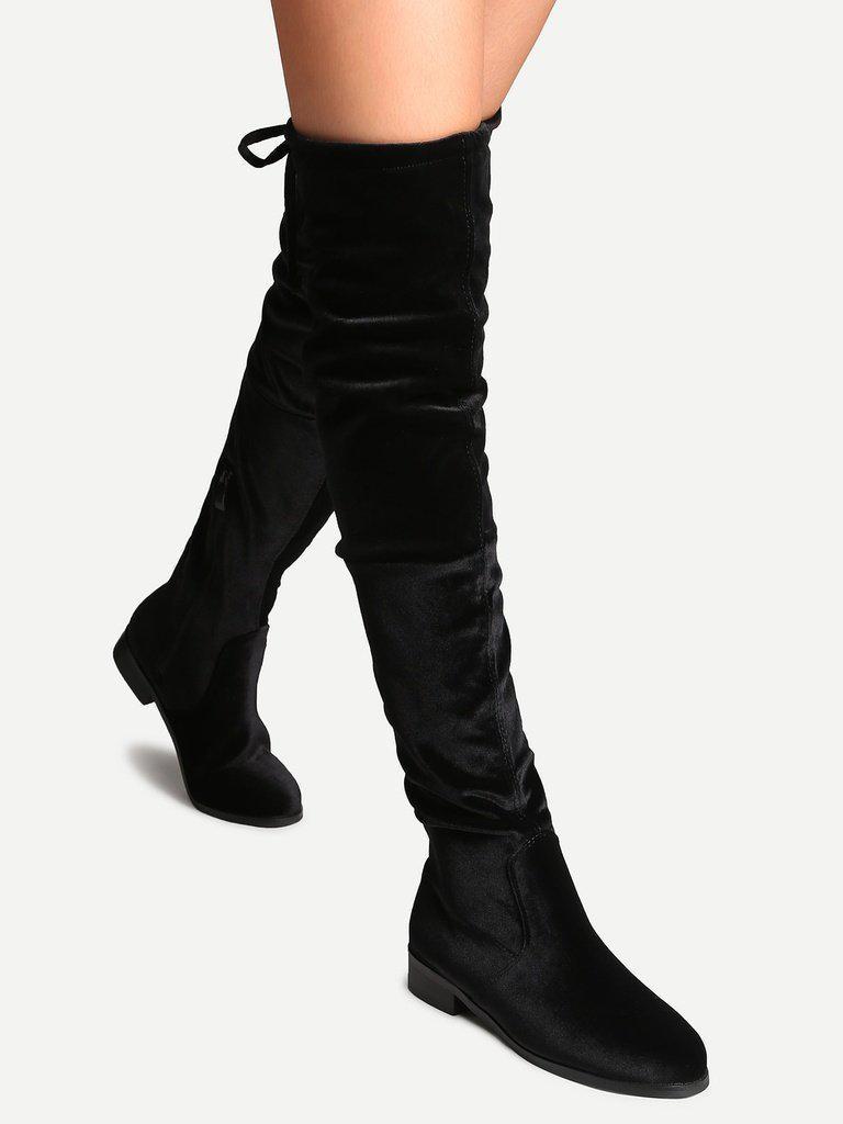 Black Faux Suede Side Zipper Tie Back Over The Knee Boots-shoes-Des Mess