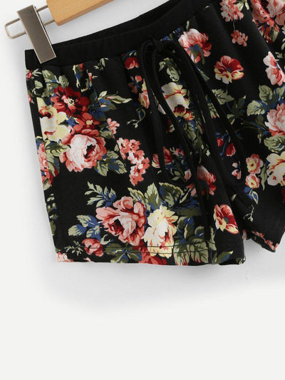 Contrast Raglan Sleeve Curved Hem Top & Floral Shorts PJ Set-loungewear-Des Mess
