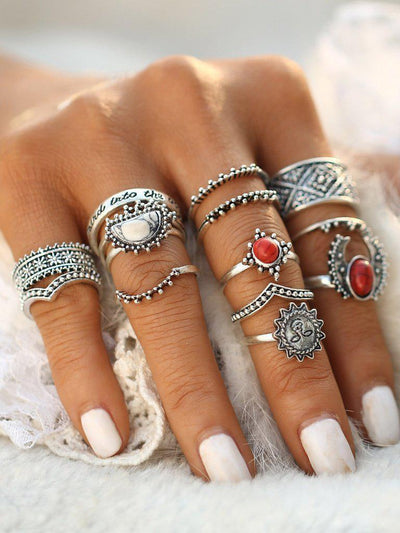 Red And White Turquoise Stone Vintage Rings Set-jewelry-Des Mess