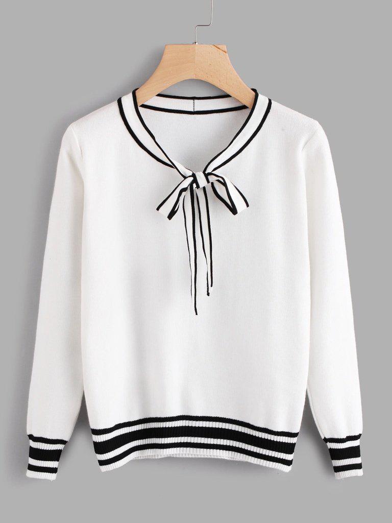 Contrast Stripe Trim Bow Tie Neck Jumper-outerwear-Des Mess