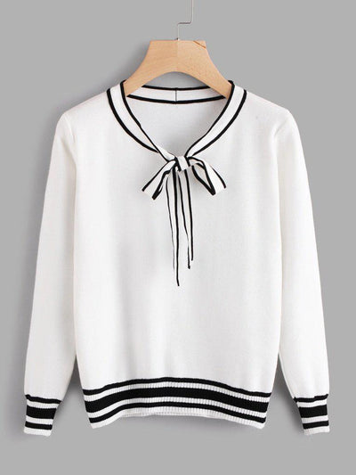 Contrast Stripe Trim Bow Tie Neck Jumper-outerwear-Des Mess