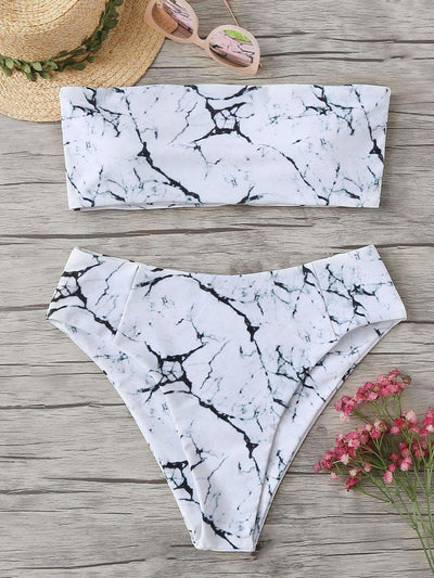 Marble Pattern Bandeau Bikini Set-swimwear-Des Mess