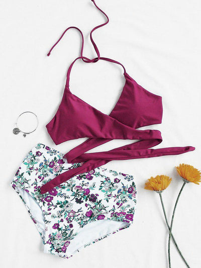 Calico Print High Waist Wrap Bikini Set--Des Mess
