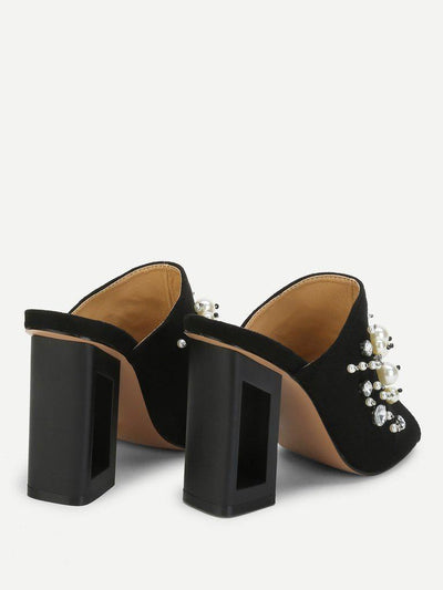 Faux Pearl Decorated Chunky Heeled Mules-shoes-Des Mess