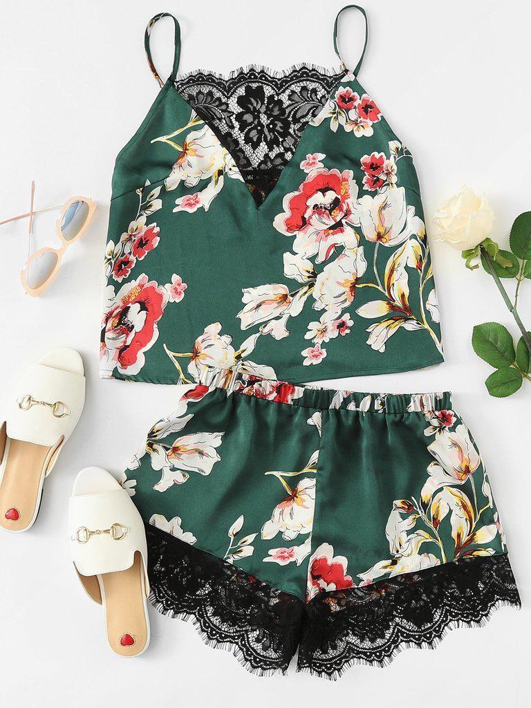Floral Print Lace Insert Cami Top And Shorts PJ Set-loungewear-Des Mess