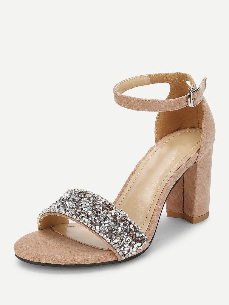 Rhinestone Decorated Block Heeled Sandals-shoes-Des Mess