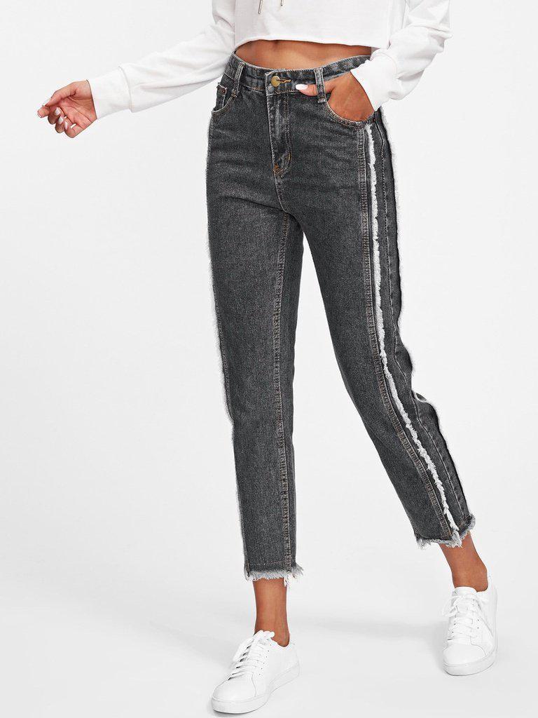 Frayed Trim Tapered Jeans-bottom-Des Mess
