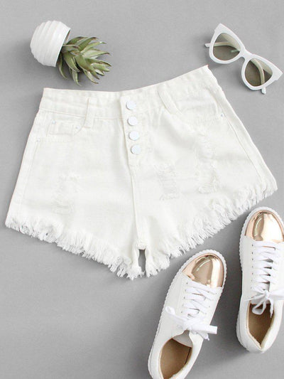 Button Up Raw Hem Denim Shorts-bottom-Des Mess