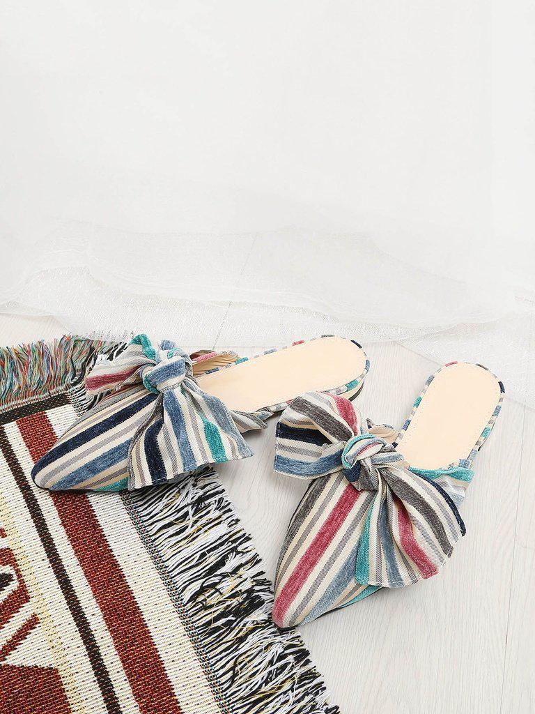 Bow Decorated Striped Flats-shoes-Des Mess