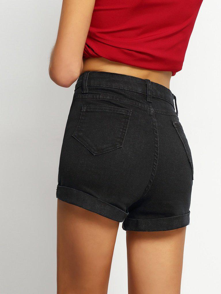 Pockets Rolled Hem Denim Shorts-bottom-Des Mess
