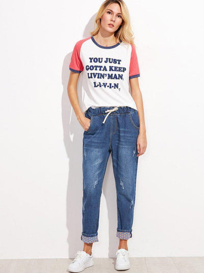 Drawstring Cuffed Jeans-bottom-Des Mess