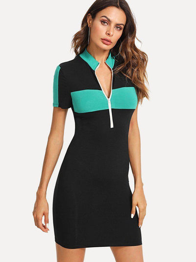 Zip Half Placket Color Block Dress-sportswear-Des Mess