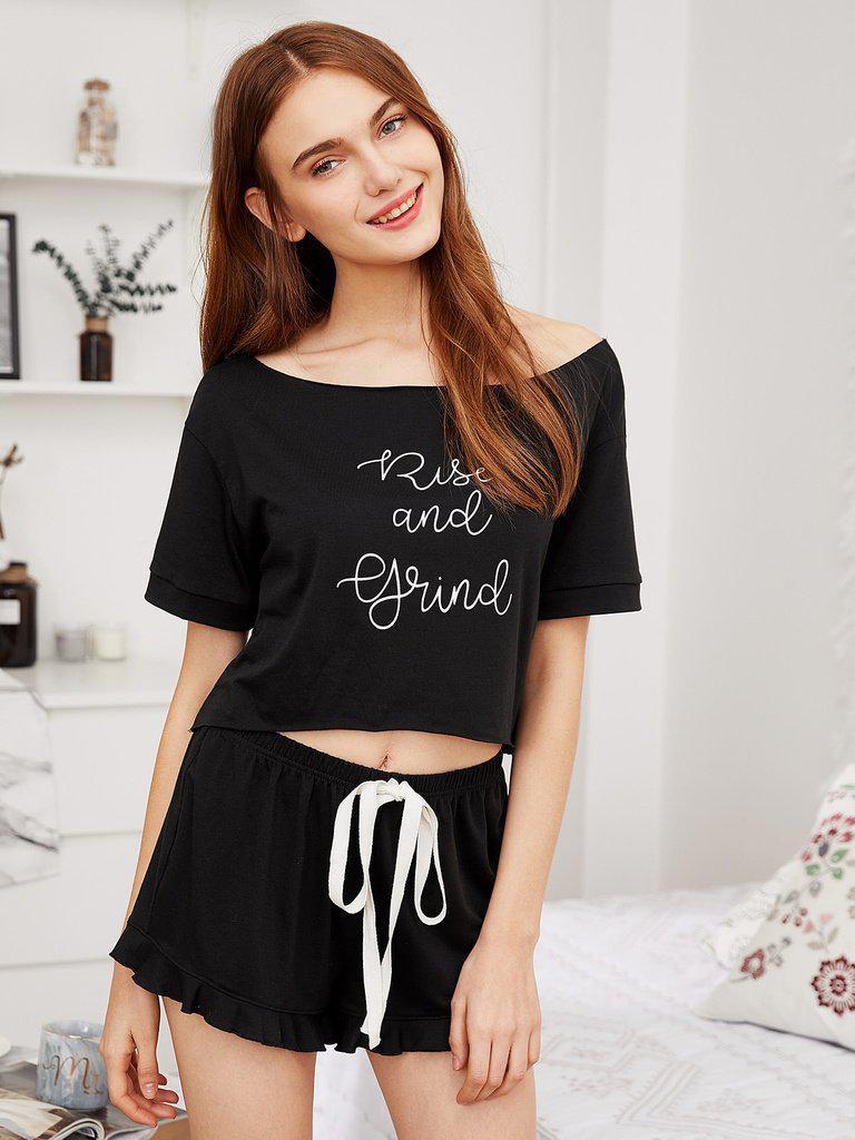 High Low Top And Frill Hem Shorts Pajama Set-loungewear-Des Mess