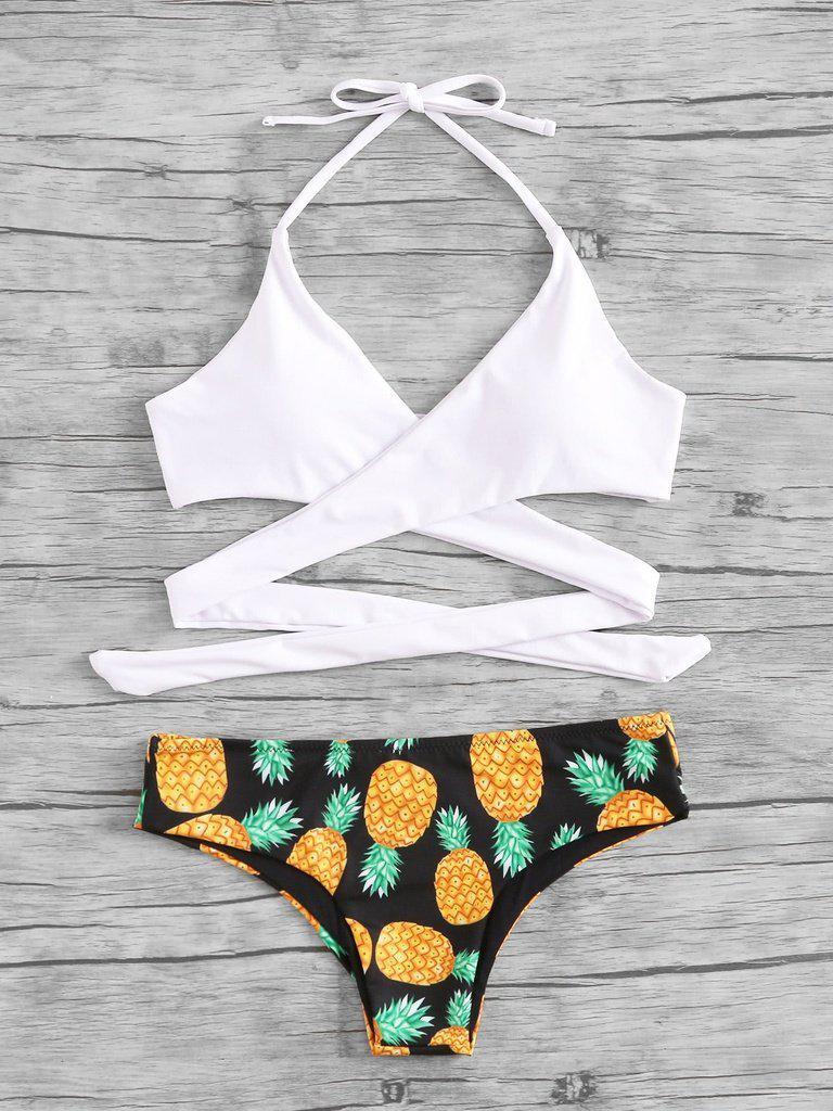 Pineapple Print Wrap Bikini Set-swimwear-Des Mess