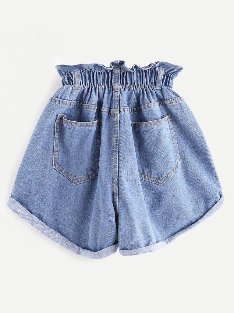 Shirred Frill Trim Ripped Rolled Hem Denim Shorts-bottom-Des Mess