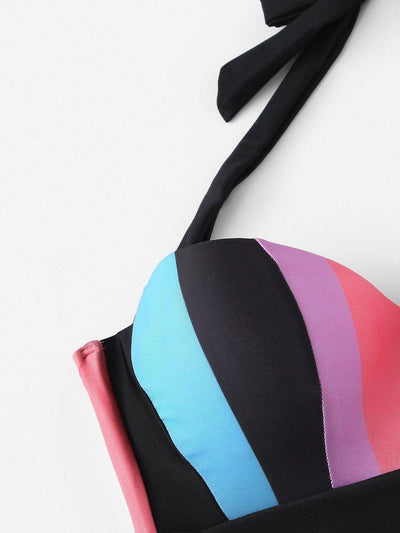 Colorblock Halter Bikini Set-swimwear-Des Mess