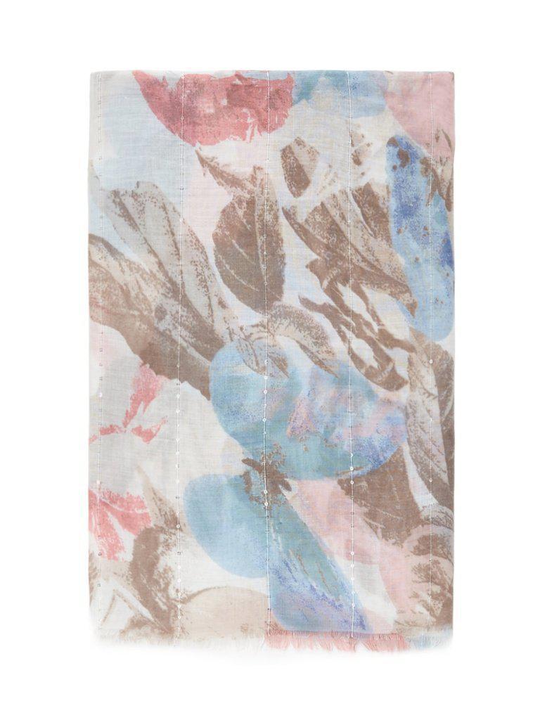 Frayed Trim Leaf Print Scarf-accessories-Des Mess