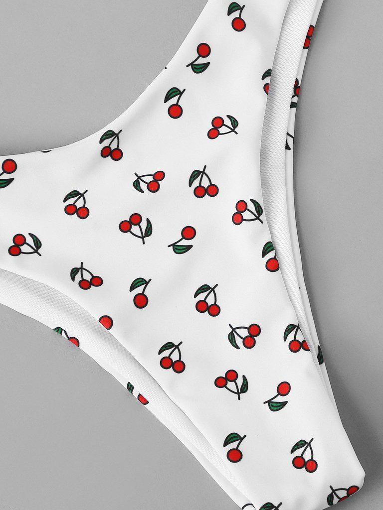 Cherry Print Knot Front Ruffle Bandeau Bikini Set-swimwear-Des Mess