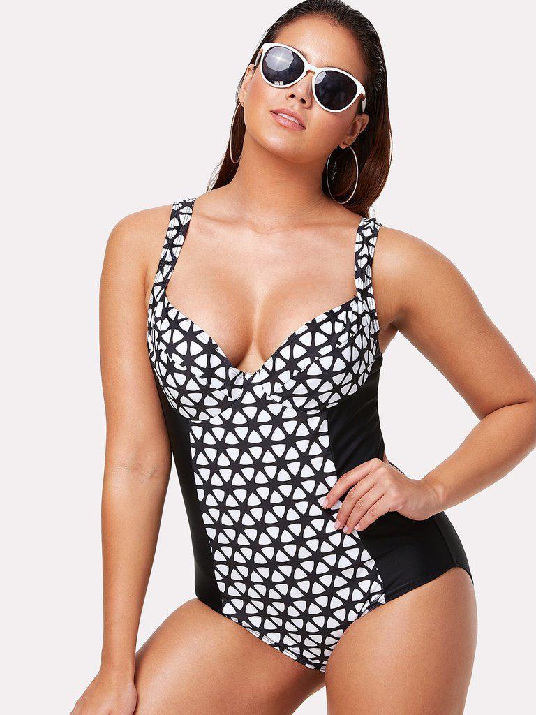 Geometric Pattern Two Tone Swimsuit-swimwear-Des Mess