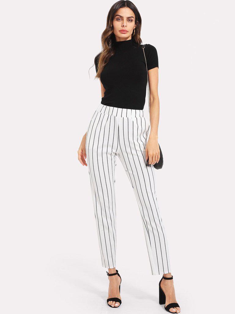 Elastic Waist Pinstripe Cigarette Pants-bottom-Des Mess