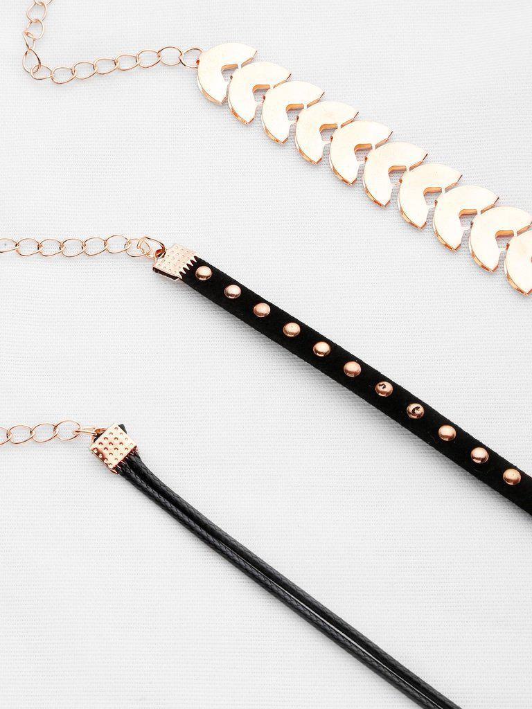 Geometric Chain And Beaded Velvet Choker Set-jewelry-Des Mess