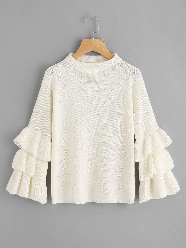 Pearl Beading Tiered Ruffle Sleeve Jumper-outerwear-Des Mess