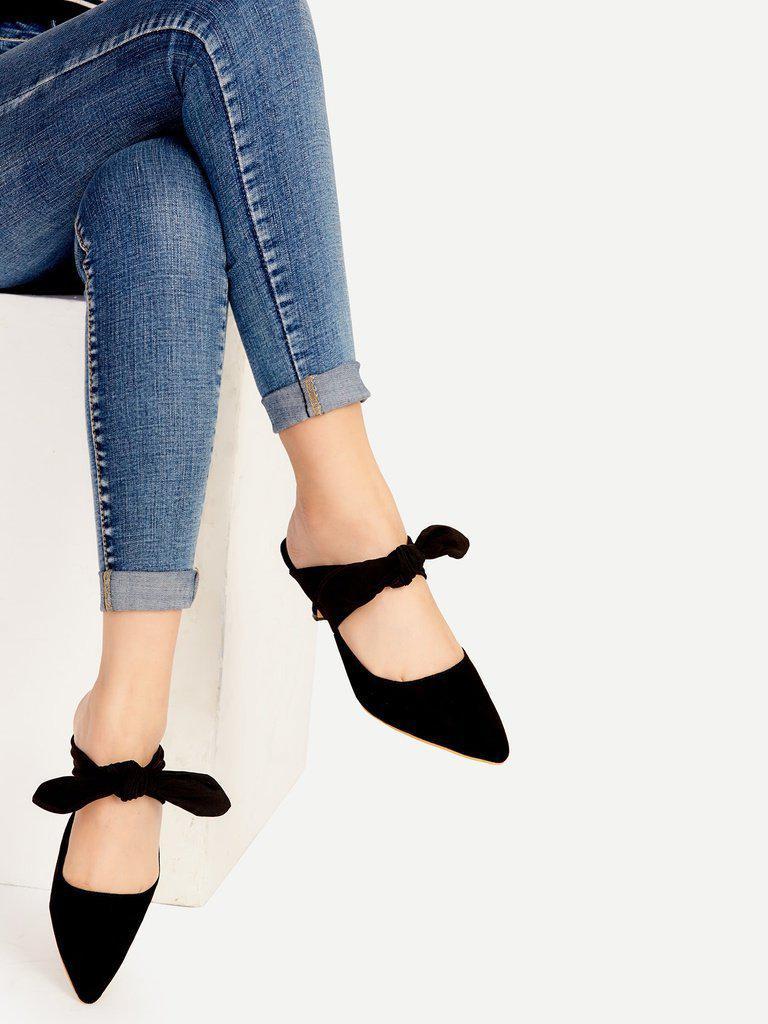 Black Point Toe Bow Tie Heeled Mules-shoes-Des Mess