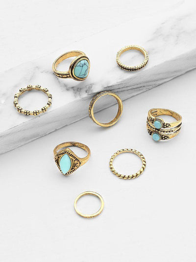 Turquoise Design Ring Set 8pcs-jewelry-Des Mess