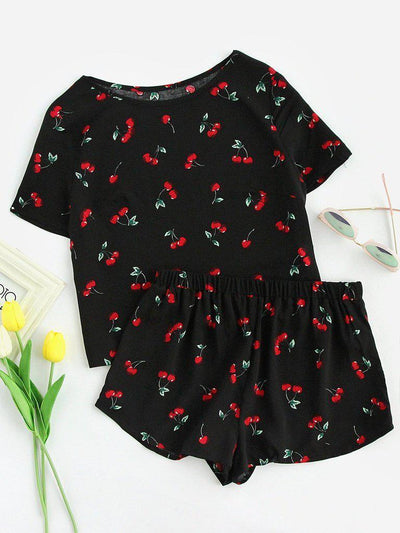 Cherry Print Top And Shorts Pajama Set-loungewear-Des Mess