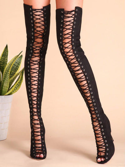 Black Sexy Criss Cross Lace Up Suede Thigh High Boots-shoes-Des Mess