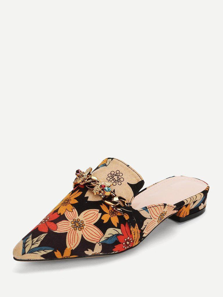 Bee Detail Calico Print Pointed Toe Flats-shoes-Des Mess