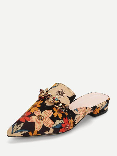 Bee Detail Calico Print Pointed Toe Flats-shoes-Des Mess