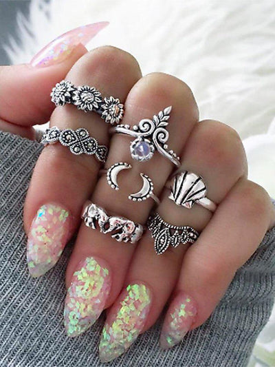 7 Pcs/Set Elephant Hat Sun Flower Pattern Rings-jewelry-Des Mess