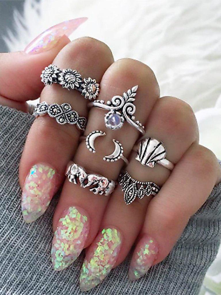 7 Pcs/Set Elephant Hat Sun Flower Pattern Rings-jewelry-Des Mess