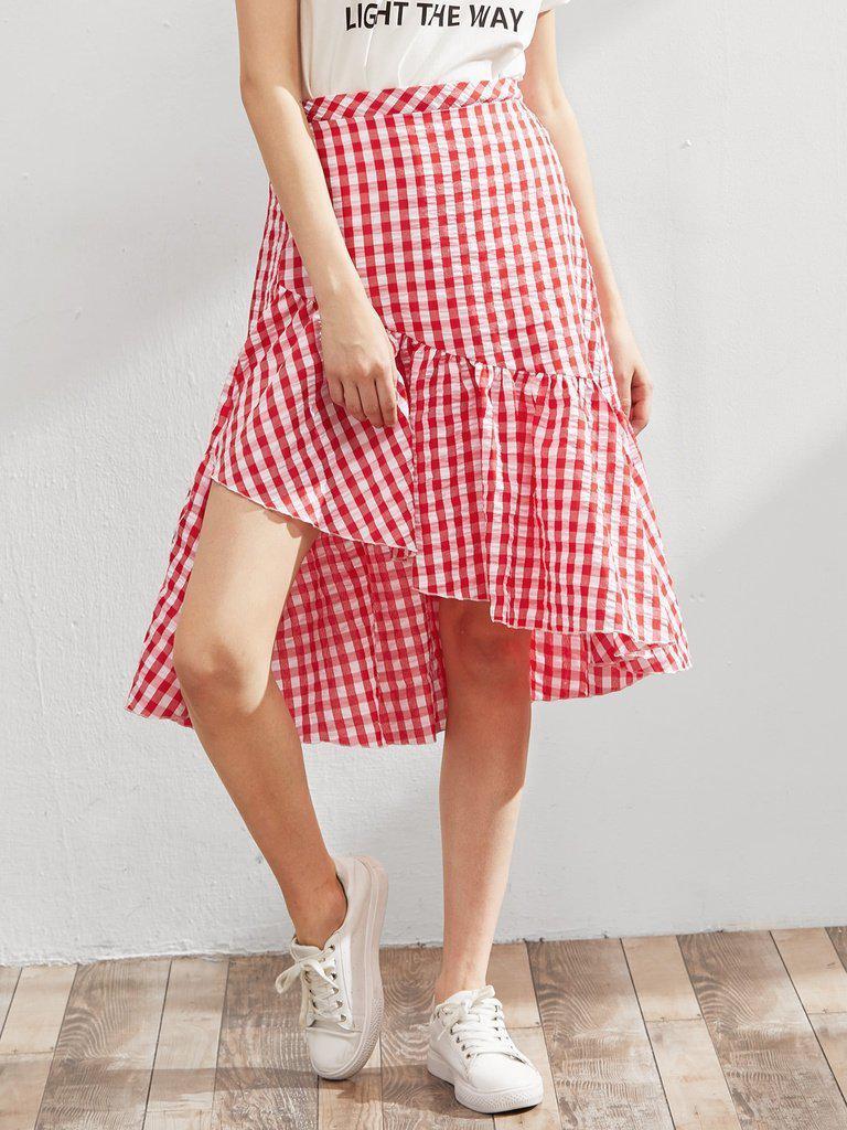 Elastic Waist Gingham Asymmetric Frill Skirt-bottom-Des Mess