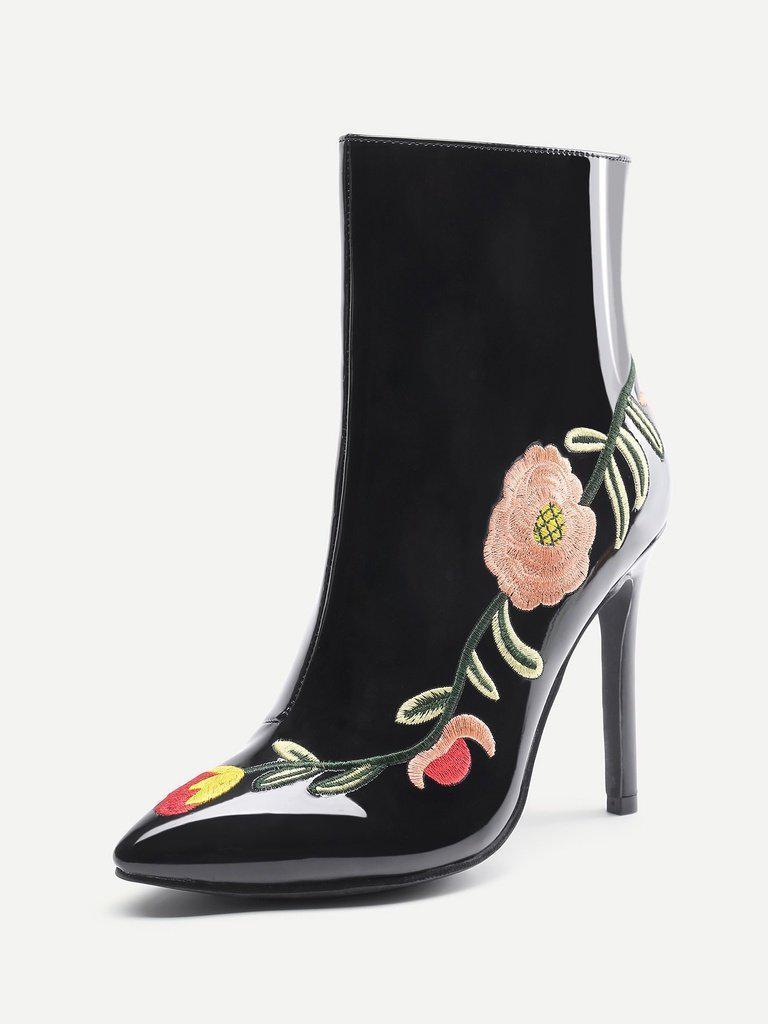 Flowers Embroidery Stiletto Ankle Boots-shoes-Des Mess