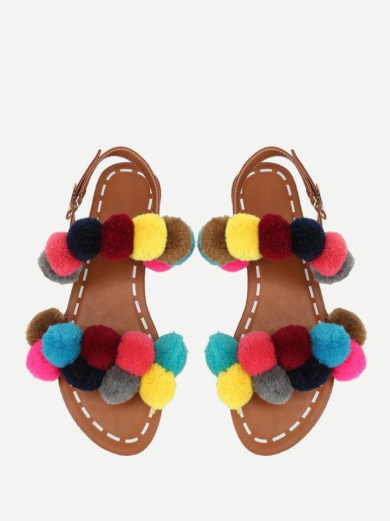 Ankle Strap Slide Sandals With Pom Pom-shoes-Des Mess