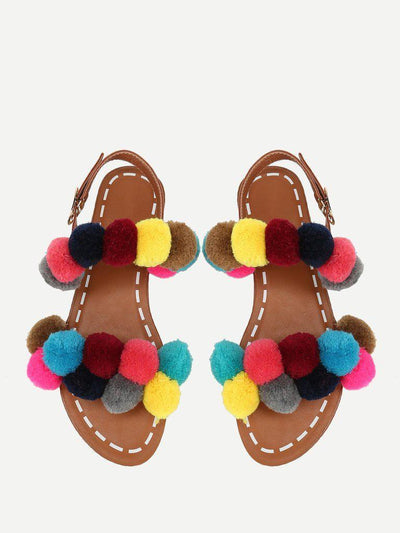 Ankle Strap Slide Sandals With Pom Pom-shoes-Des Mess