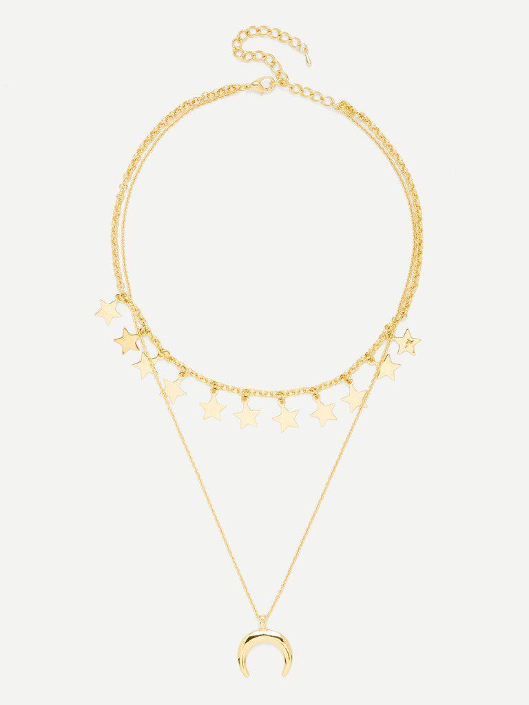 Moon Pendant Link Necklace With Star Charm-jewelry-Des Mess
