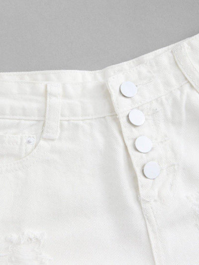 Button Up Raw Hem Denim Shorts-bottom-Des Mess