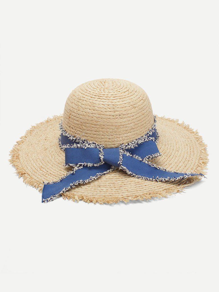 Bow Tie Frayed Trim Straw Hat--Des Mess