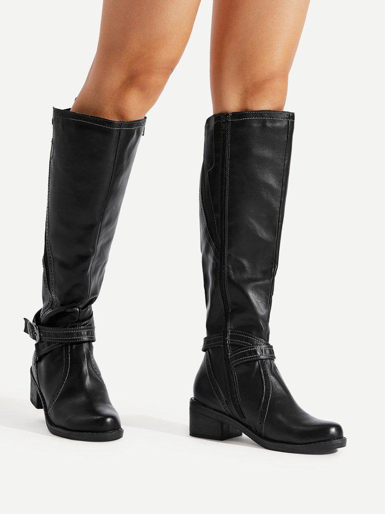 Buckle Side Knee High PU Boots-shoes-Des Mess