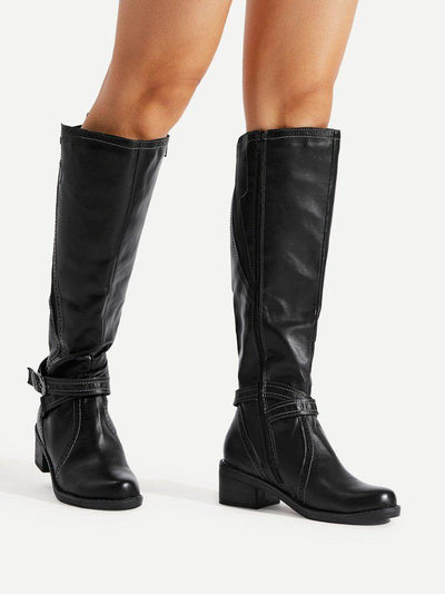 Buckle Side Knee High PU Boots-shoes-Des Mess
