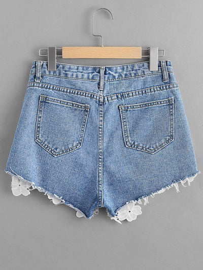 Contrast Crochet Frayed Hem Denim Shorts-bottom-Des Mess