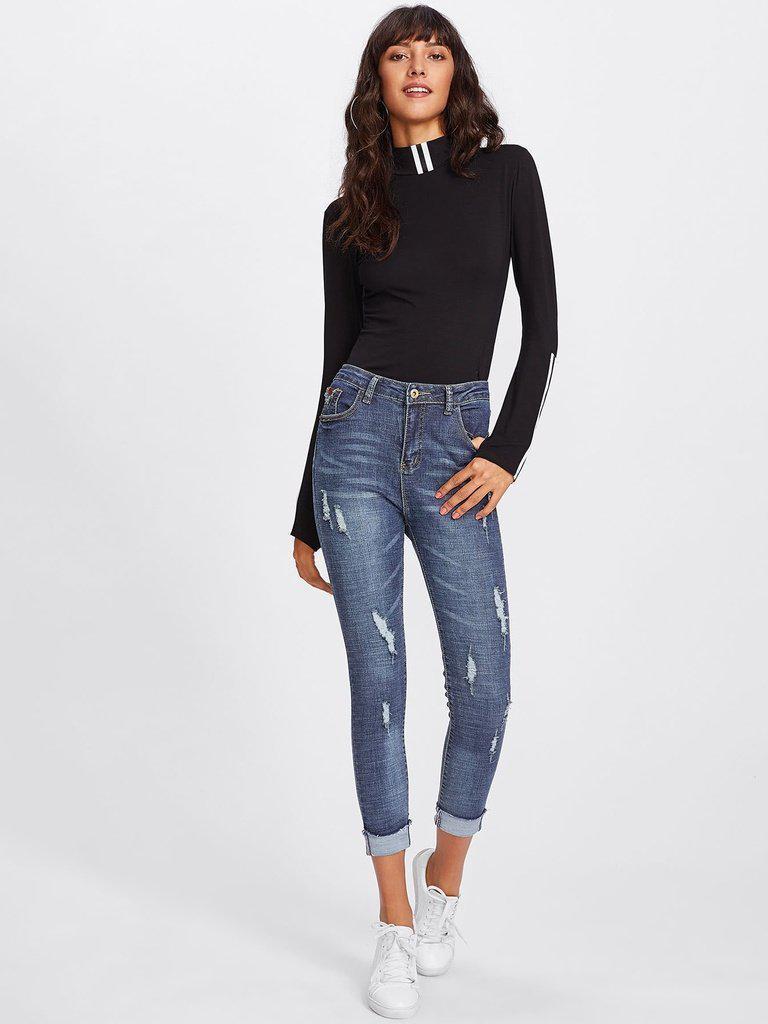 Roll Up Hem Ripped Jeans-bottom-Des Mess