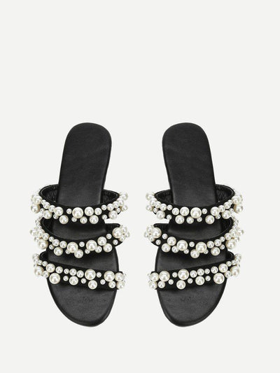 Faux Pearl Decorated Flat Sandals-shoes-Des Mess