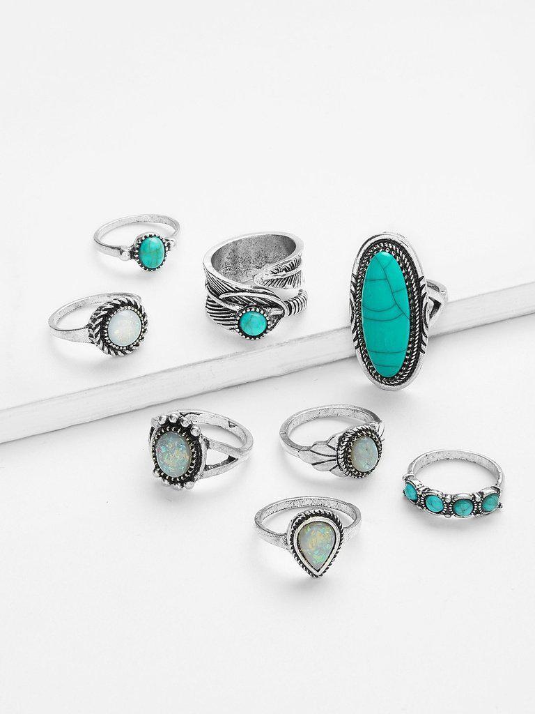Turquoise Ring Set 8pcs-jewelry-Des Mess